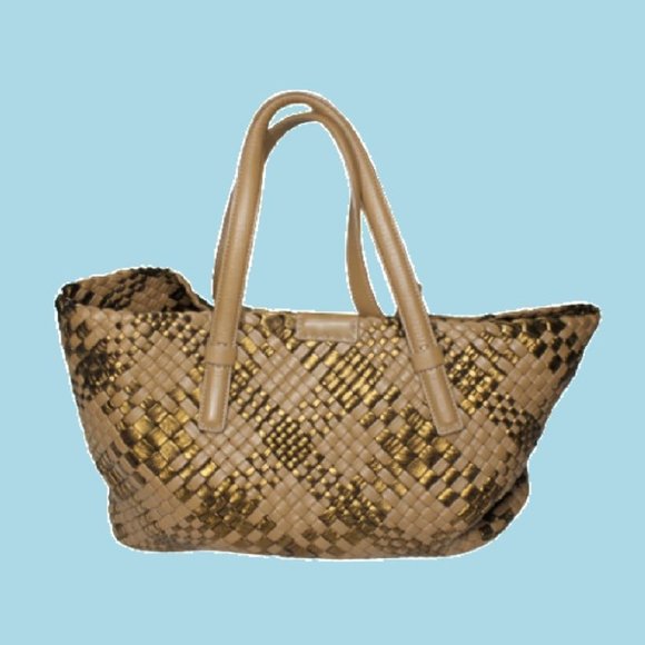 FALOR Italy Womens Tote Handbag Bag Basket Woven Intrecciato Leather Large Plaid - Picture 1 of 10